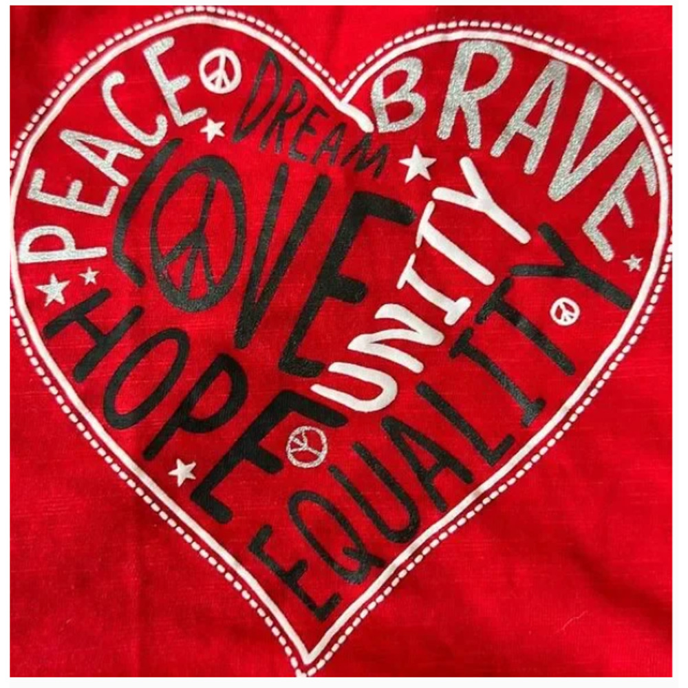 NWT BCBG Red White Black Glitter Short Sleeve Girls Peace Heart Top Size L - Picture 2 of 5